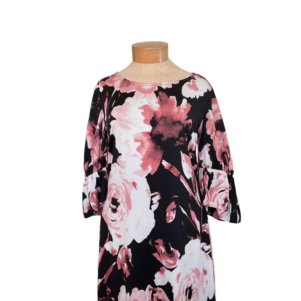 Cato L Black Pink Floral Puff Sleeve Dress Polyester Spandex Keyhole Back - Picture 12 of 13